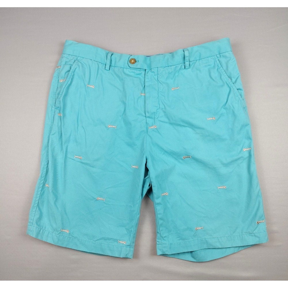 J Mclaughlin Mens Size 36 Faded Fish Bone All Over Print Golf Chino Shorts Blue